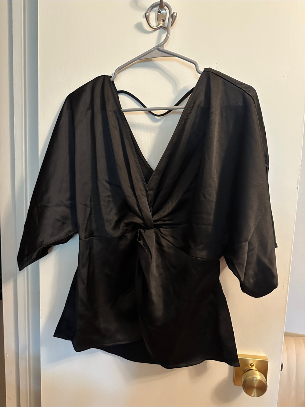 Pleiome Black Twist-Front V-Neck Women's Top Size S ( fits more like a M )
